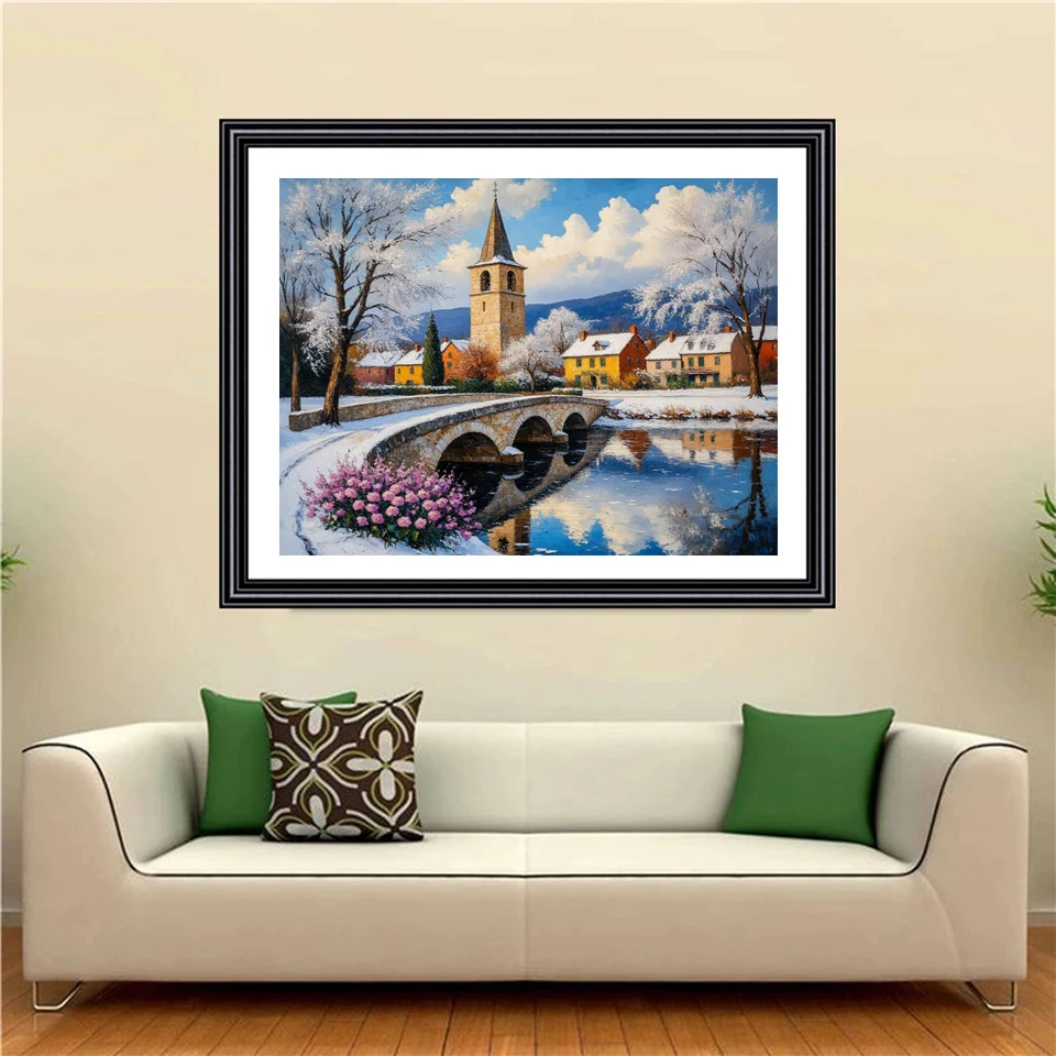 Diamond Painting Winter Bridge House Scenery Picture Of Rhinestones DIY Mosaic Cross Stitch Kits Diamond Embroidery Handicraft