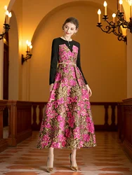 Elegant  Women Long Maxi Jacquard Dress New Party Evening Spliced ​​Spring Autumn Vintage Floral Ball Gown