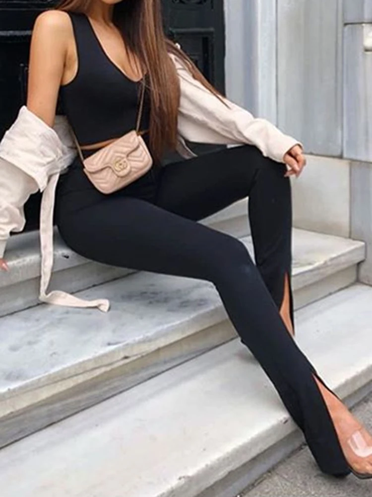 Nuovi pantaloni svasati a vita alta estivi da yoga streetwear pantaloni casual a gamba larga solidi femminili elastici da donna eleganti fondo skinny