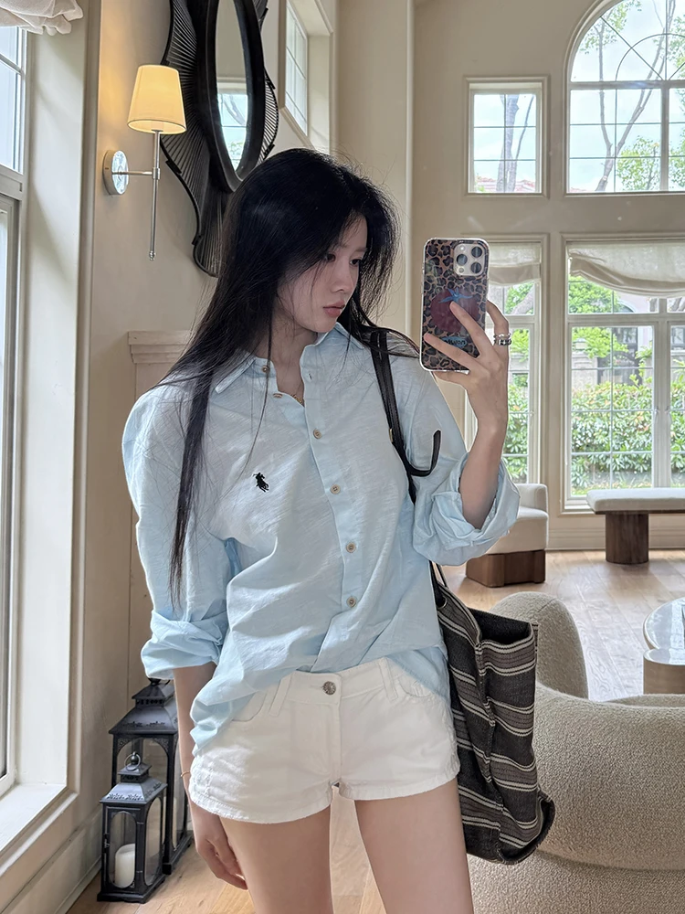 

Свободная рубашка с длинными рукавами из хлопка и льна синего цвета, женская, нежного универсального дизайна, с защитой от солнца, удобная, дышащая.