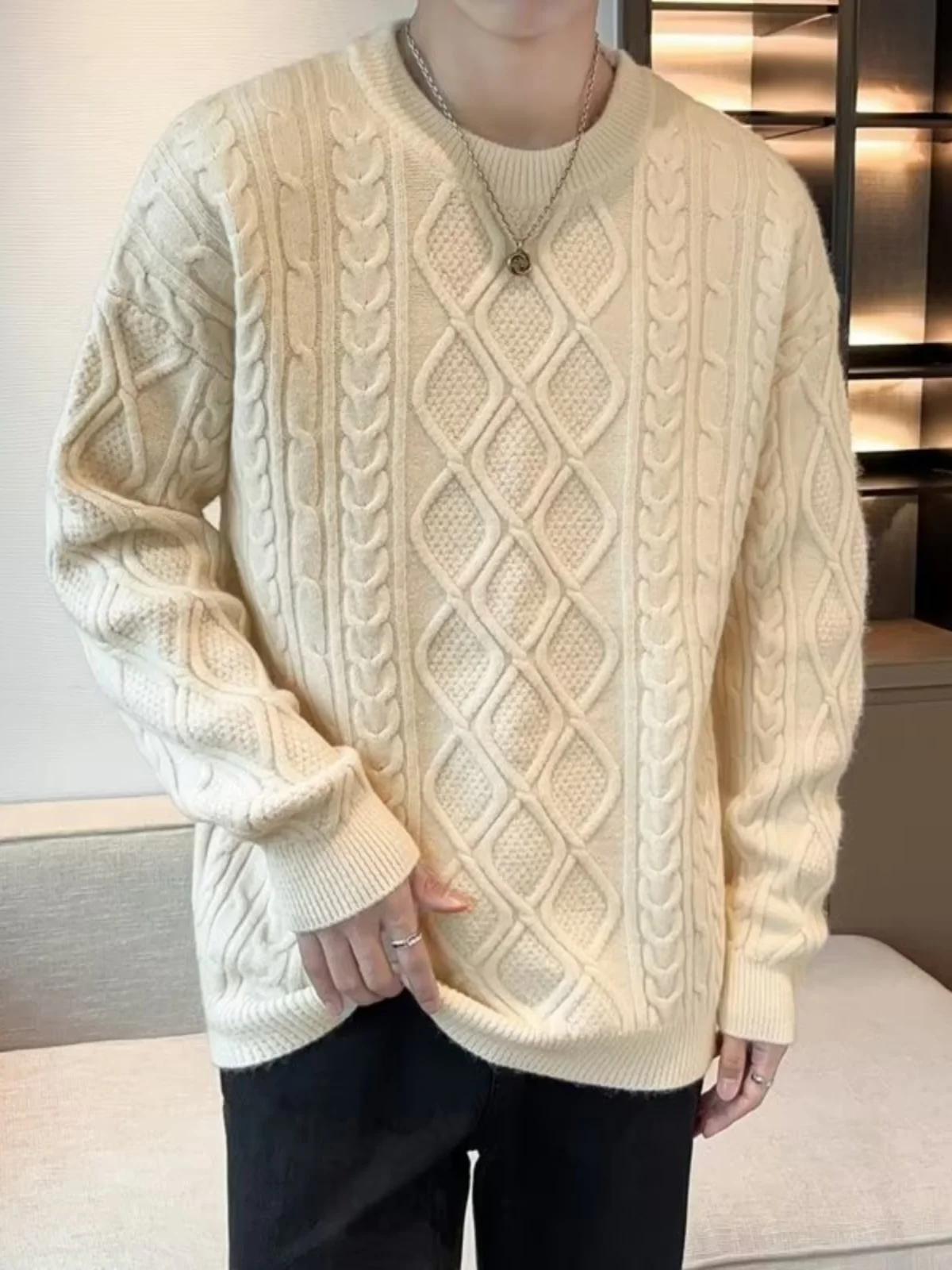 

Men 2024 Autumn Winter New Solid Color Twist Sweater Tops Male Round Neck Knitted Tops Mens Long Sleeve Loose Jumpers S326