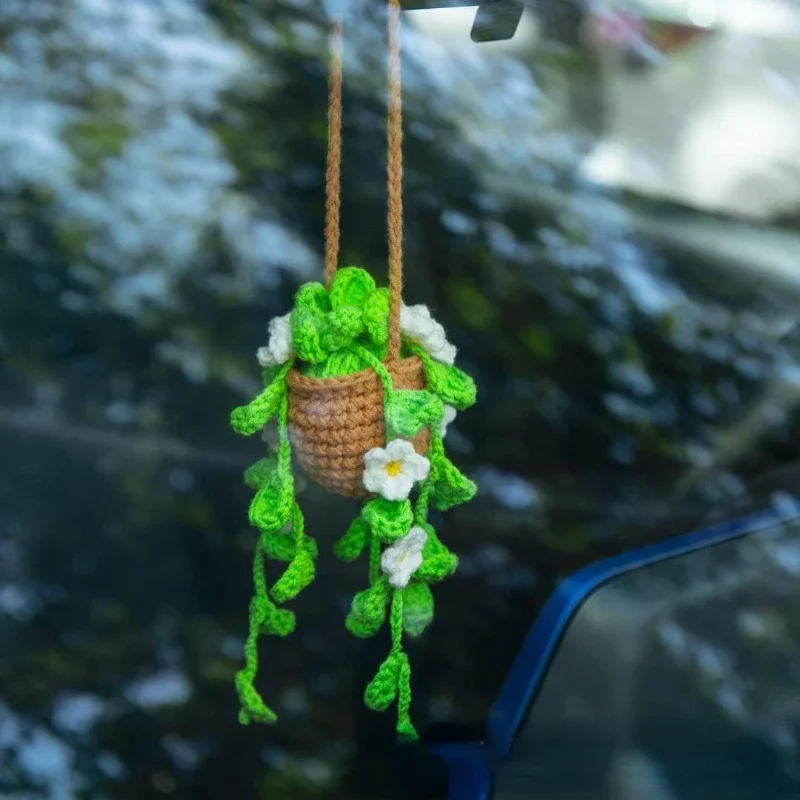 Potted Plants Crochet Car Mirror Hanging Accessories Car Plant Crochet Hanging Basket,Hanging Plant for Car Decor