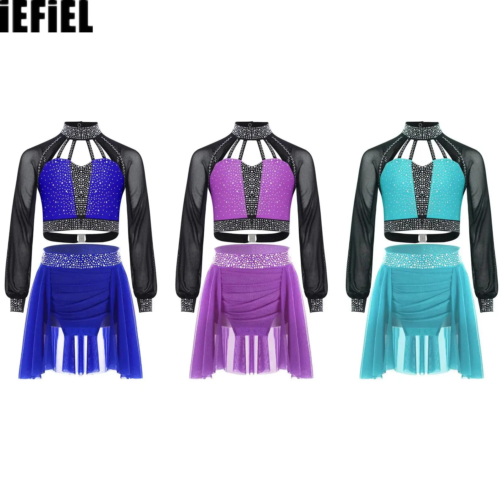 

Kids Girls Figure Skating Ballet Outfits Mock Neck Sheer Mesh Strappy Shiny Rhinestones Crop Top with Ruched Irregular Skirt