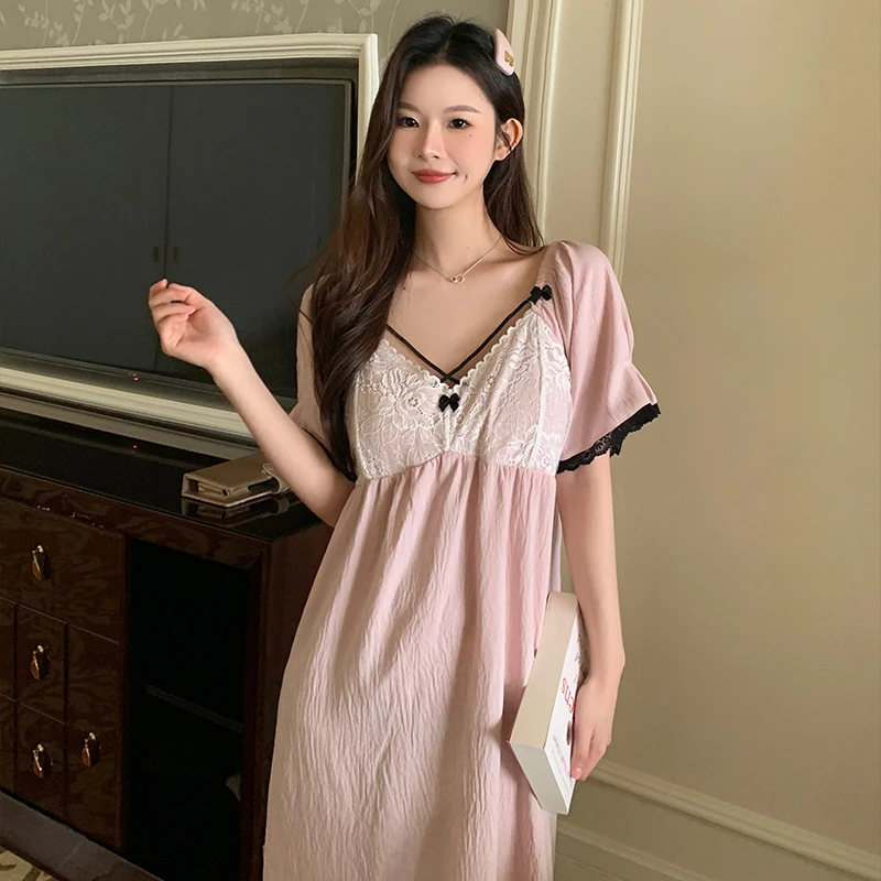 Advanced Tencel Cotton Sleepshirts 2024 Summer Sweet Short Sleeve Long Nightgown Homewear Outer Wear Women's Clothing Sexy 잠옷