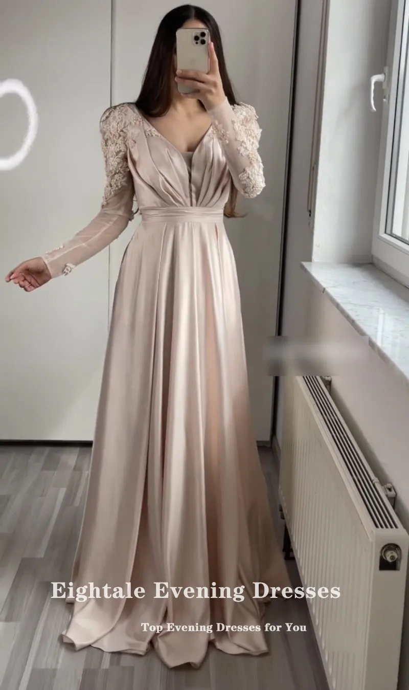 Eightale Arabic Evening Dress for Wedding Party Champagne Long Sleeves A-Line V-Neck Appliques Beaded Satin Celebrity Prom Gown