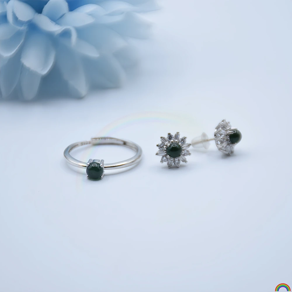 Natural Jade Ring and Earrings S925 with Imperial Green Silver, Reflecting Luster of Jade, Simple Lady's Ring Jewelry Rwbuy