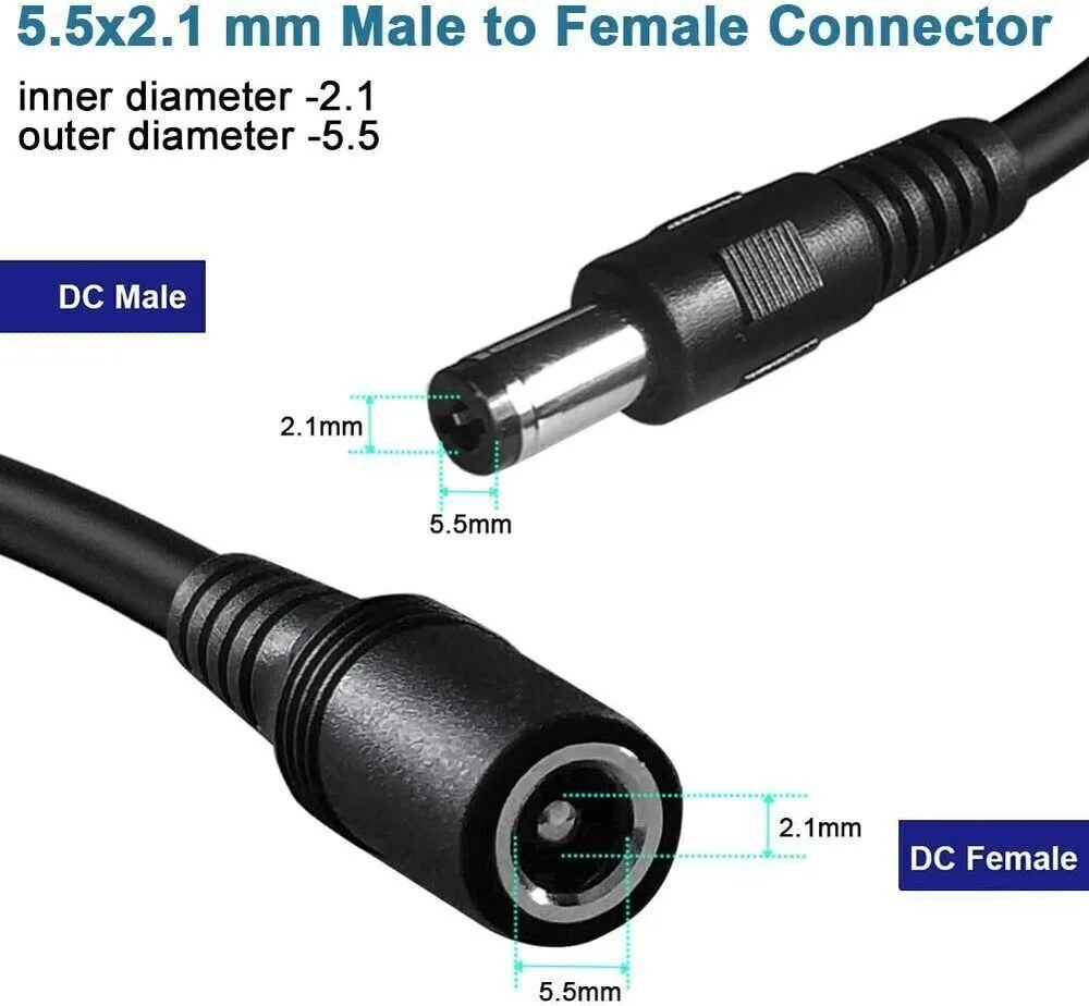 US 2x 120cm 5.5mm x 2.1mm AC DC Power Extension Cable Male to Female Cord 12V 5A