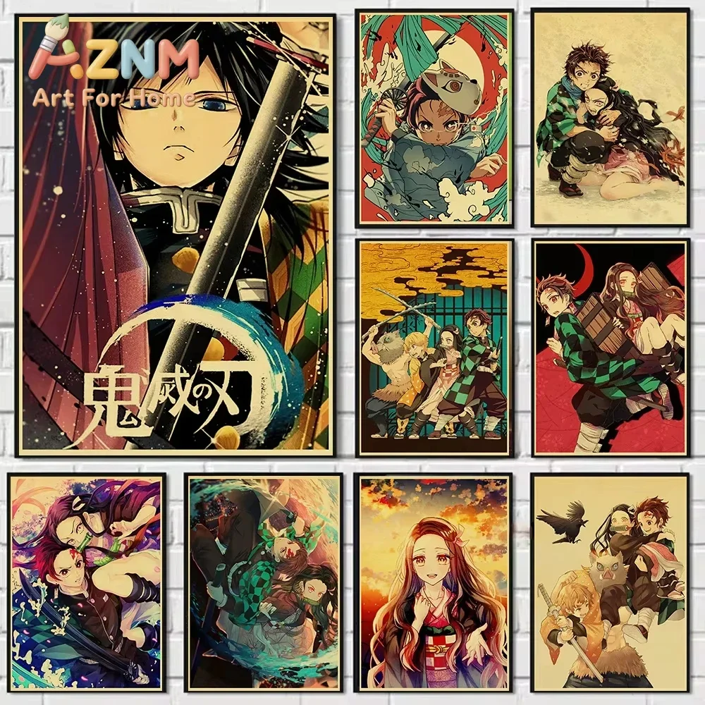 AZNM Demon Slayer Retro Anime Canvas Wall Art Frameless Print Poster for Home Bedroom Living Room Wall Decor