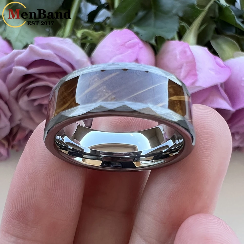 MenBand Fashion 8MM Men Women Hammered Tungsten Carbide Wedding Ring Whiskey Barrel Oak Wood inlay Comfort Fit Size 7-15