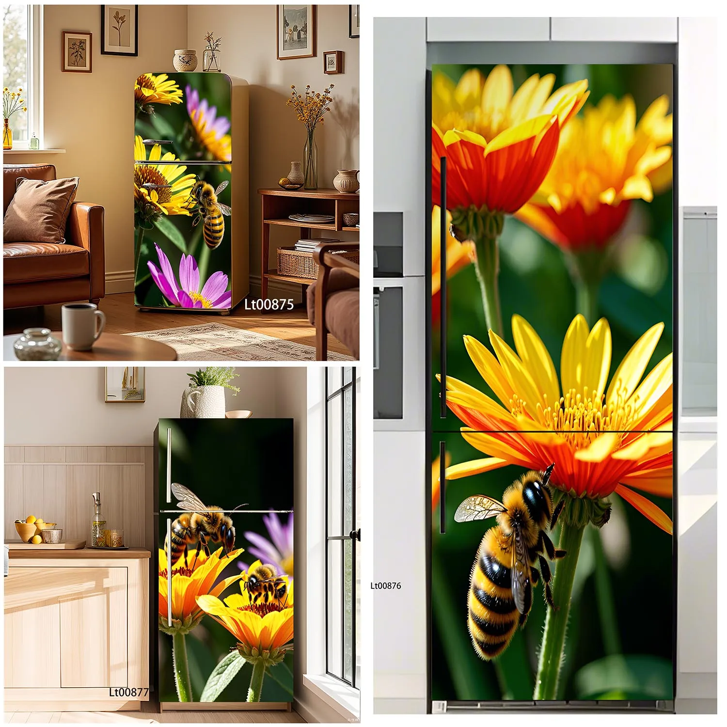 

Colorful Flower Bee Art Fridge Wrap Stickers Waterproof Aesthetic Vinyl Sticker for Kitchen Refrigerator Poster Decoration