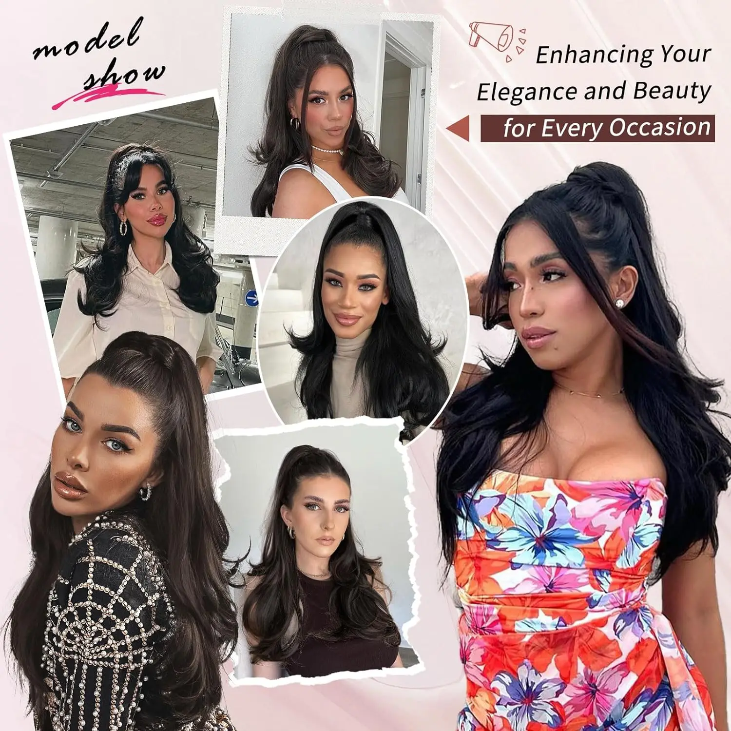 وصلة ذيل حصان صناعية برباط للنساء ، شعر أسود طويل مموج ، ذيول حصان ذات طبقات ، 26" #6