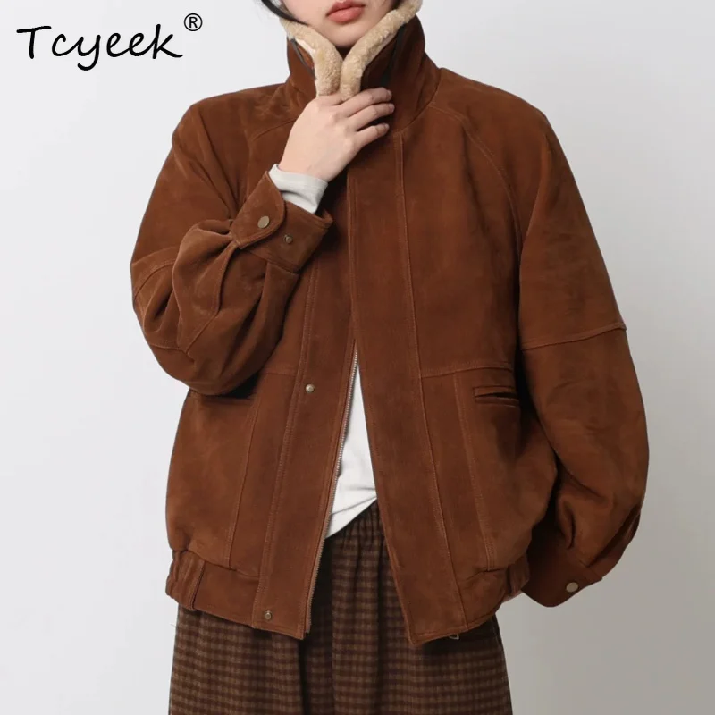 Tcyeek Genuine Sheepskin Coat for Women Vintage Winter Women's Clothing Fashion High Quality Women Jacket Loose Fit Пуховик