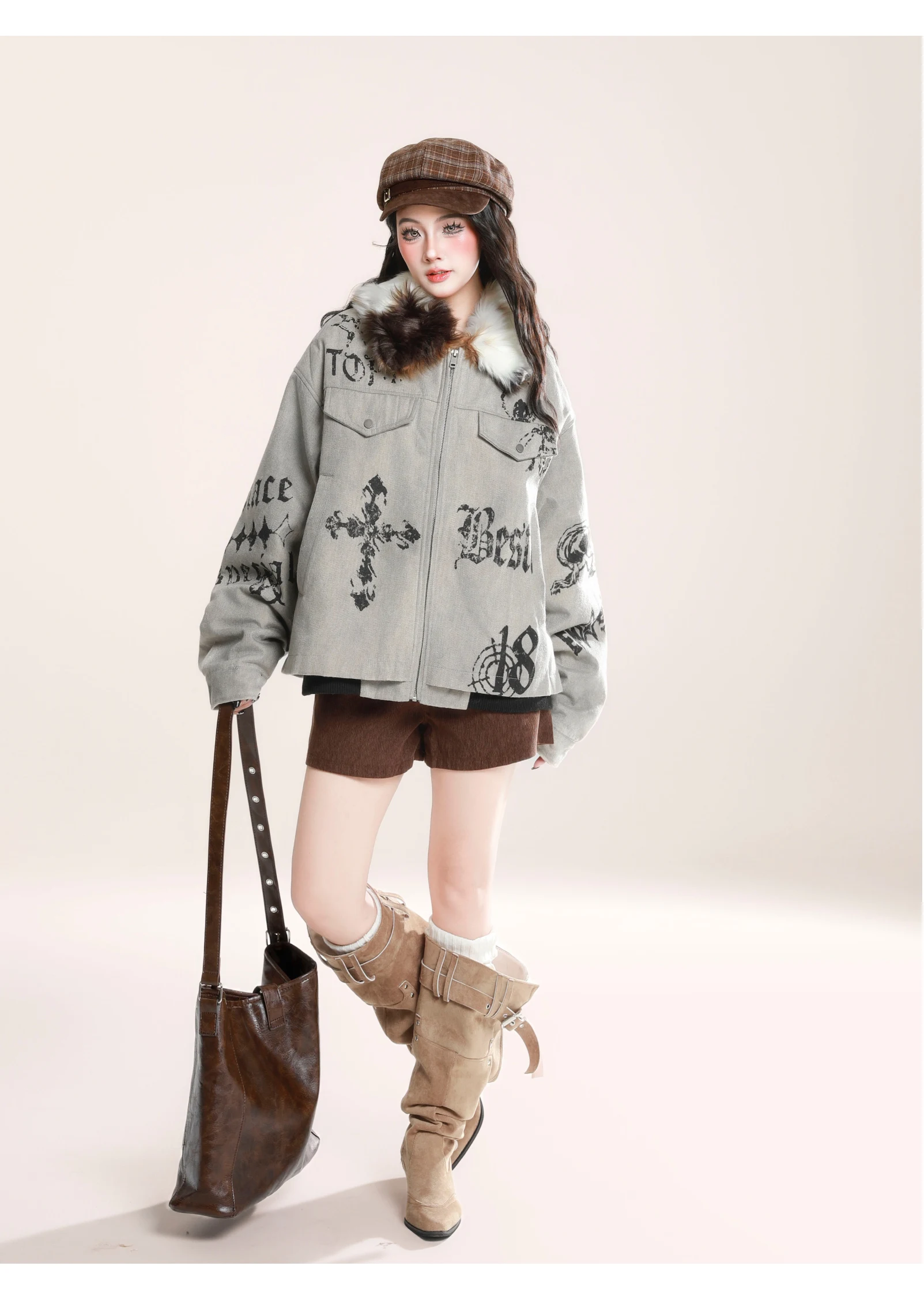 خريف شتاء جديد الأمريكية الرجعية المرأة الشرير القوطية طباعة فضفاضة عادية الأصفر الفراء طوق وسادة مبطنة السراويل البني #6