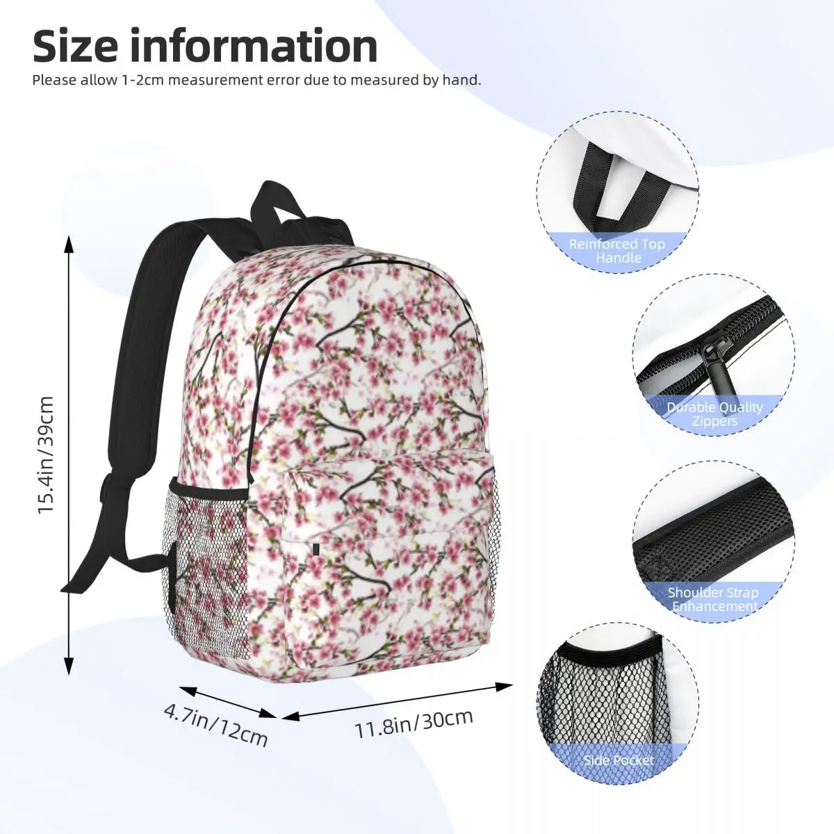 Mochila ligera con estampado de flores de cerezo, morral escolar a la moda, 15 pulgadas, novedad