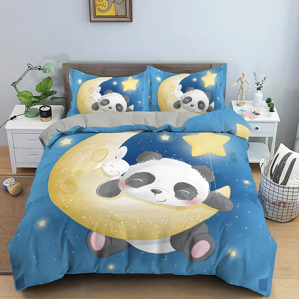 Cartoon Animal Duvet Cover Set Panda Moon Star Pattern Bedding Set For Kids Single Queen Size Bedclothes Microfiber Quilt Cover