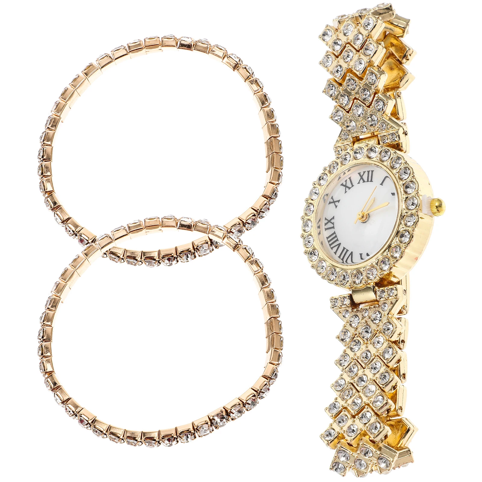 2Pcs Double-layer Diamond-set Watch Bracelet Women Quartz Rhinestone Shiny Strap Fashion Girls Jewelry Set Gift