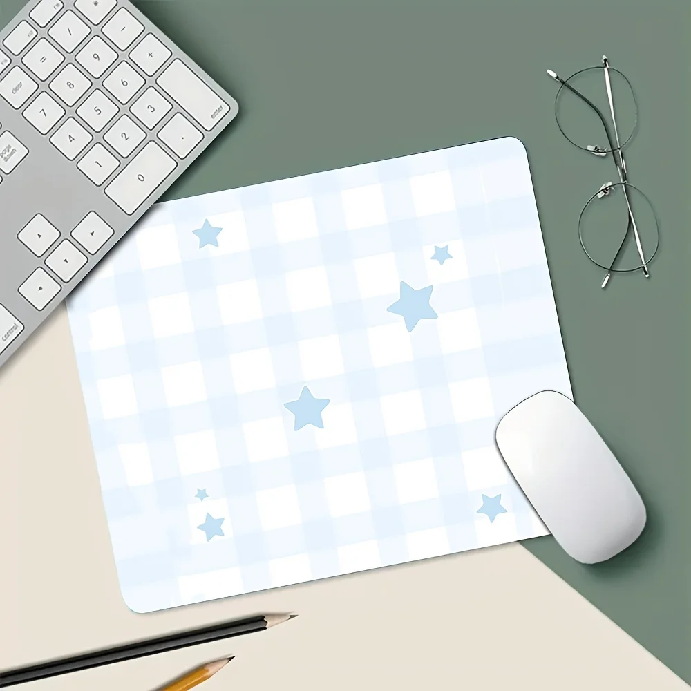 Cute Blue Gingham Star Mouse Pad Non Slip Desk Mat for Girls Office Home