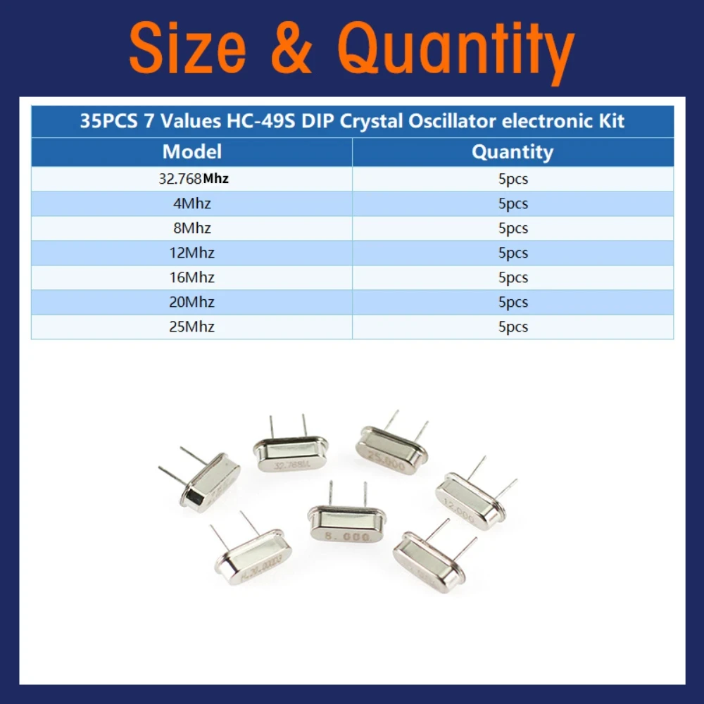 25/200PCS HC-49S Crystal Oscillator Kit - 7 / 10 Types of Ceramic and Quartz Resonators, Including 32.768Mhz DIP Oscillators