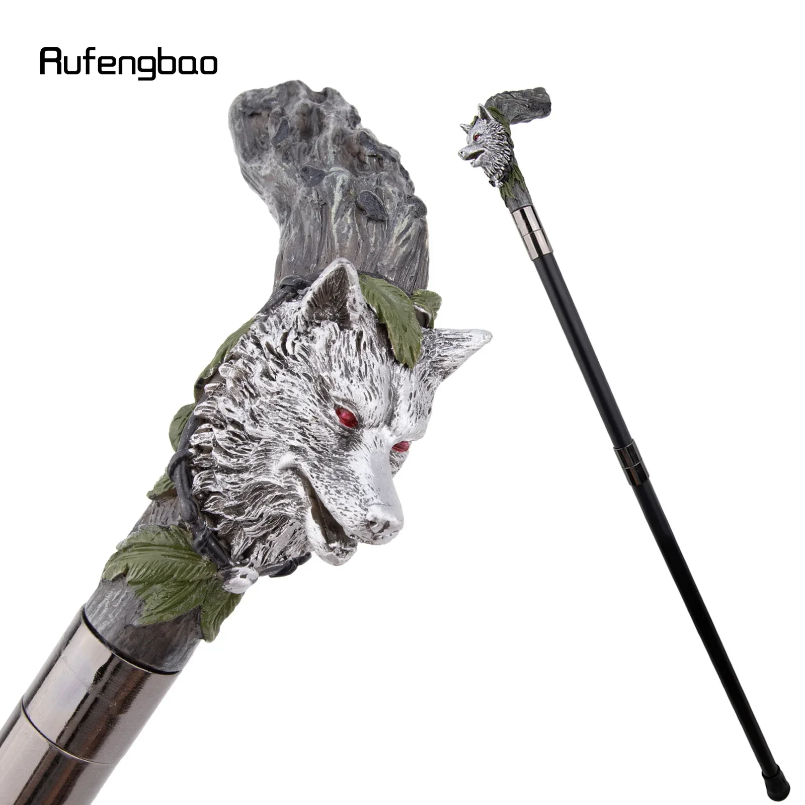 Silver Resin Wolf Head Tree Root Walking Cane Stick for Cosplay, Steampunk & Everyday Use with Deluxe Box 93cm