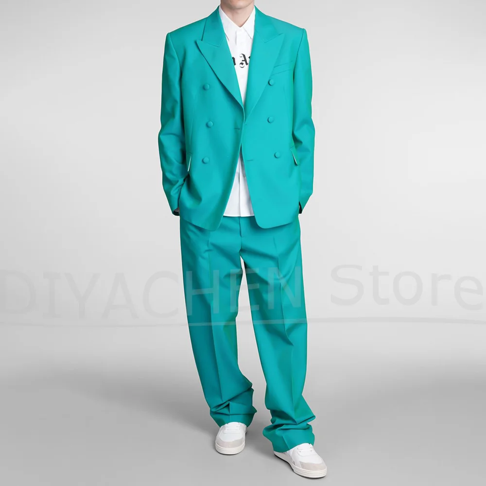 

Chic Men Suits Peak Lapel Loose Daily Casual Male Suit Fashion Double Breasted Party Groom Wedding Customized Clothing 2 Pieces