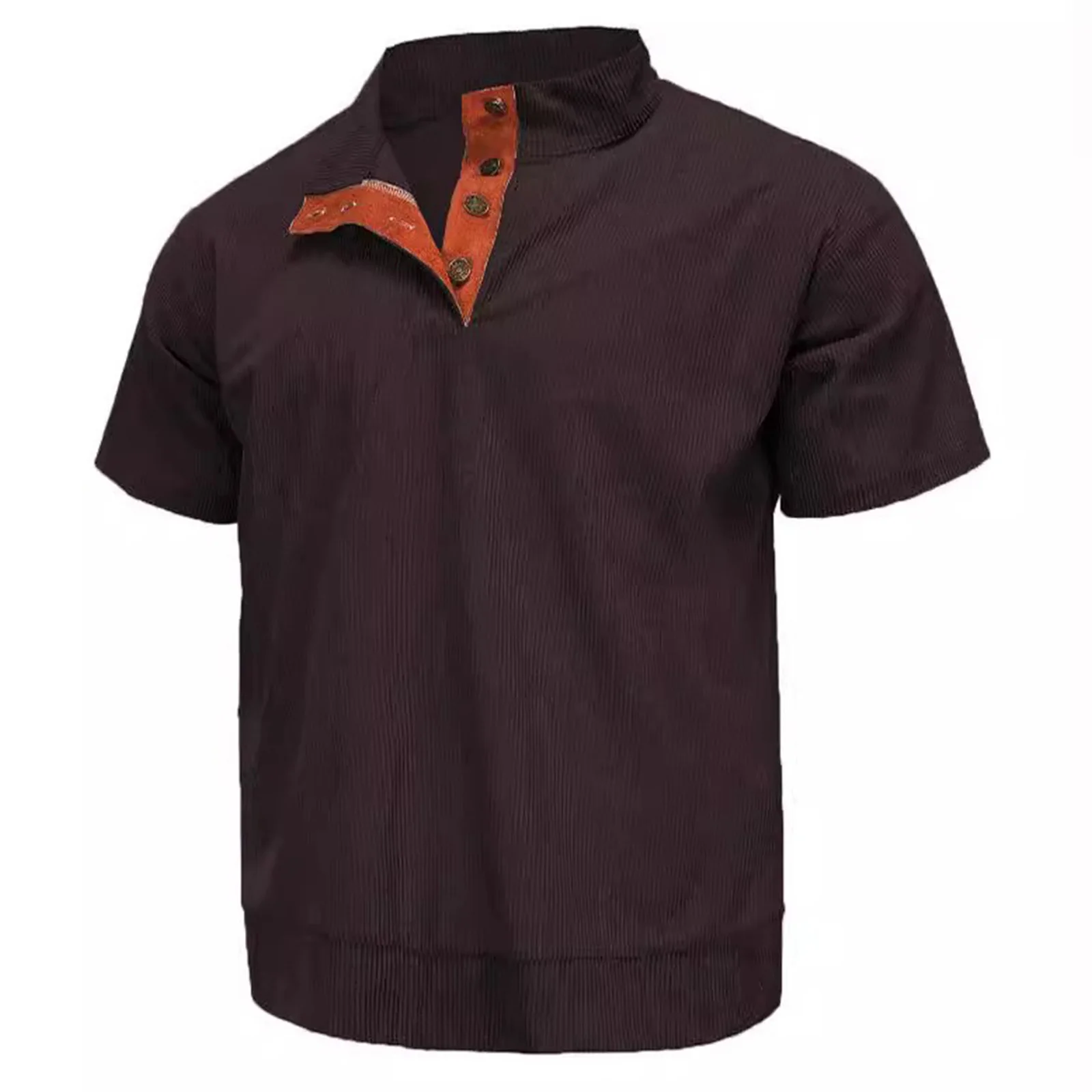 

Mens Casual Corduroy T-shirt Mock Neck with Buttons Shorts Sleeve Pullover T-shirt Tops for Office Dating Weekend Party