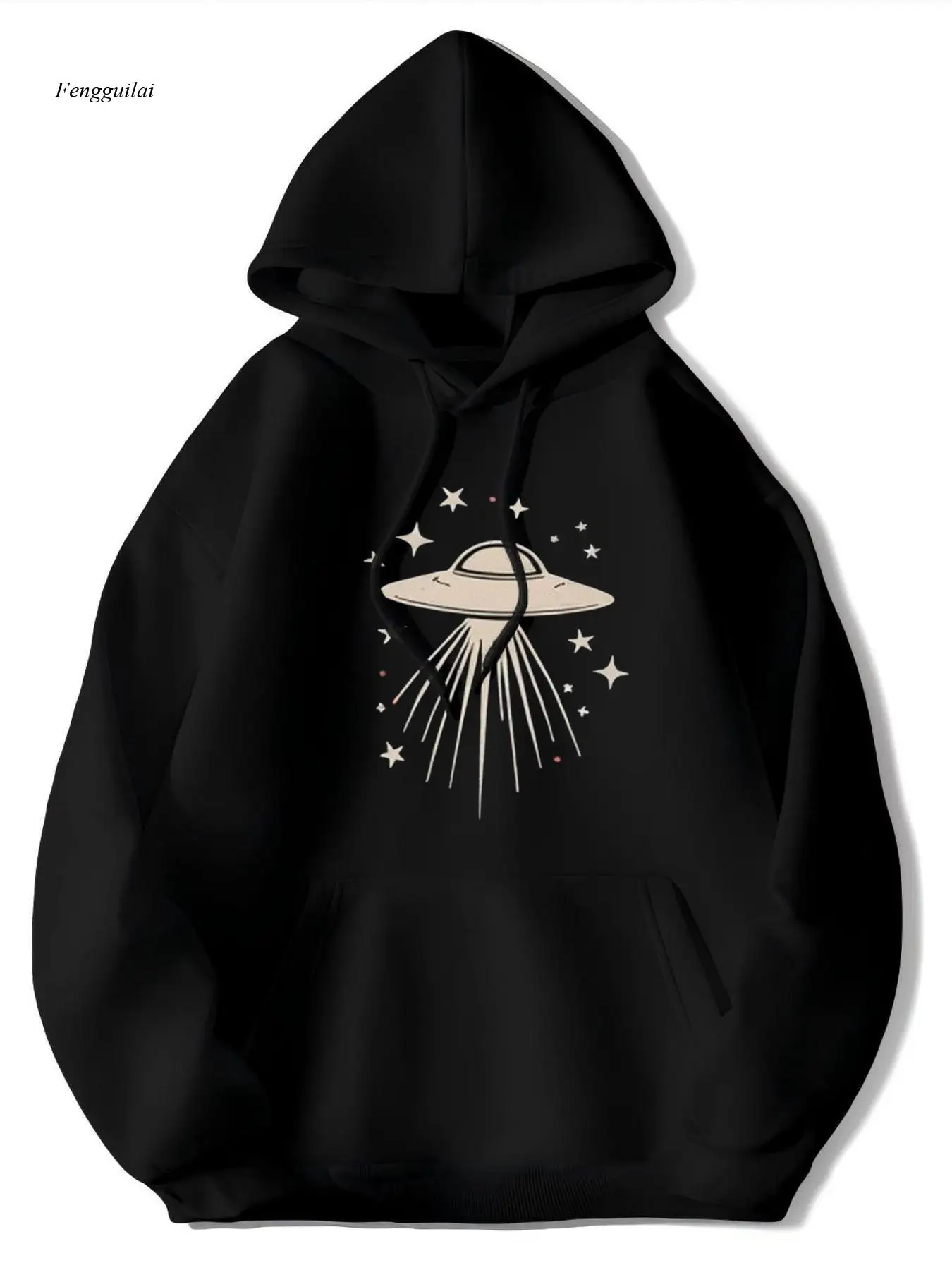 เสื้อฮู้ดเอเลี่ยนยูเอฟโอ -สีดำพร้อมลายยูเอฟโอและกราฟิกเอเลี่ยนสีขาว เสื้อสเวตเชิ้ตผ้าฟลีซเนื้อนุ่มอุ่น