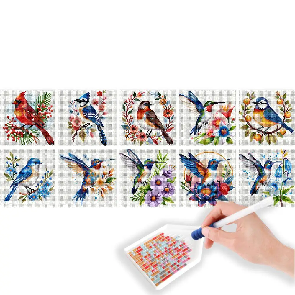 HUACAN 10 Stück Tier-Neuheiten, Diamant-Mosaik, Vogel, rund, Mini-Diamantgemälde, handgefertigt, Weihnachtsgeschenk