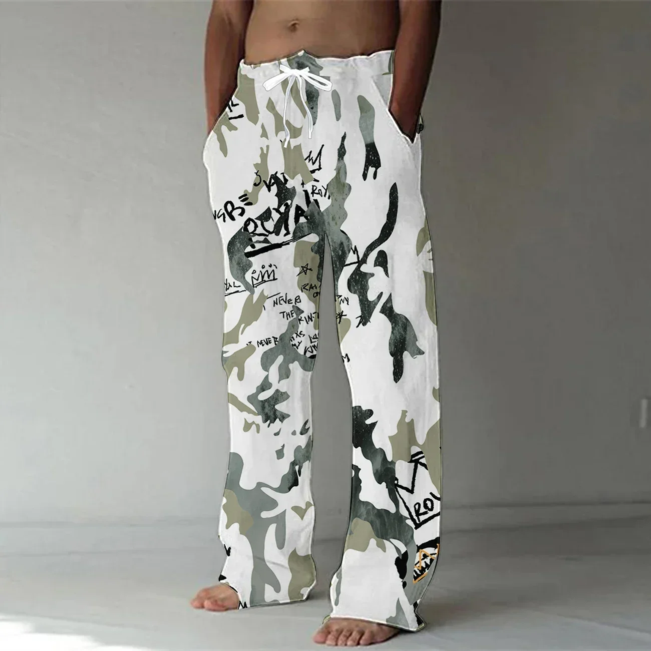 Handsome rabbit print men\'s pants, daily casual and comfortable bamboo linen, breathable men\'s casual pants loose hair