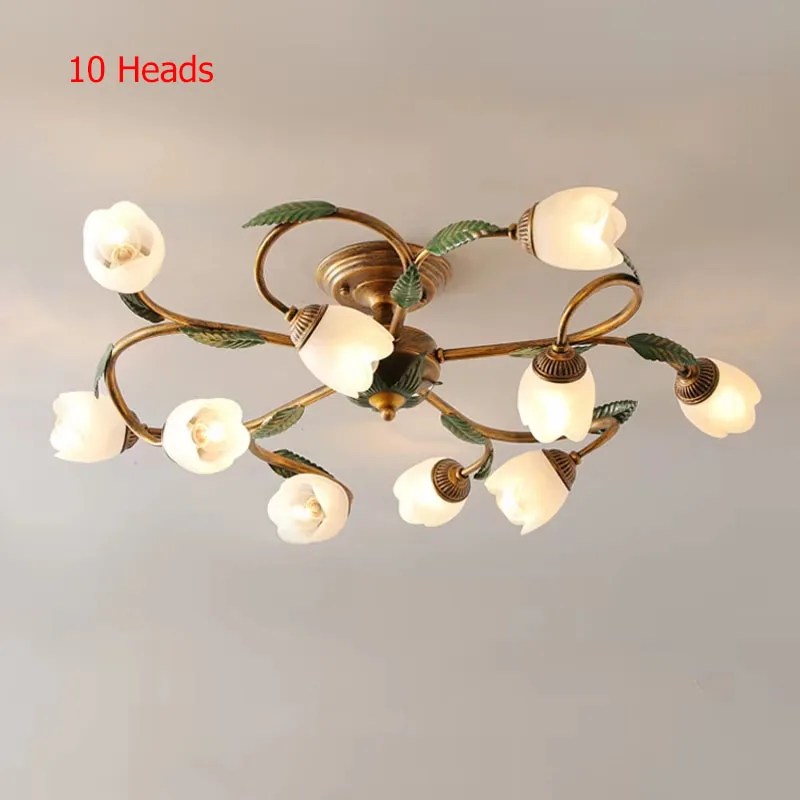 10-Heads French Romantic Country Flower Bedroom White Ceiling Lamp American Vintage Glass Villa Living Room Corridor Led Light