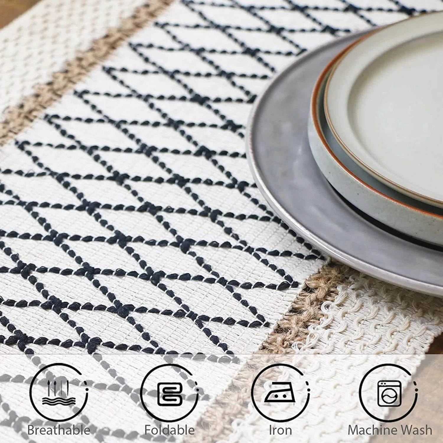 Bohemian Rustic 72/108 Inch Washable Cotton Burlap Macrame Table Runner with Tassel - Decorative Table Linen for Party Banquet