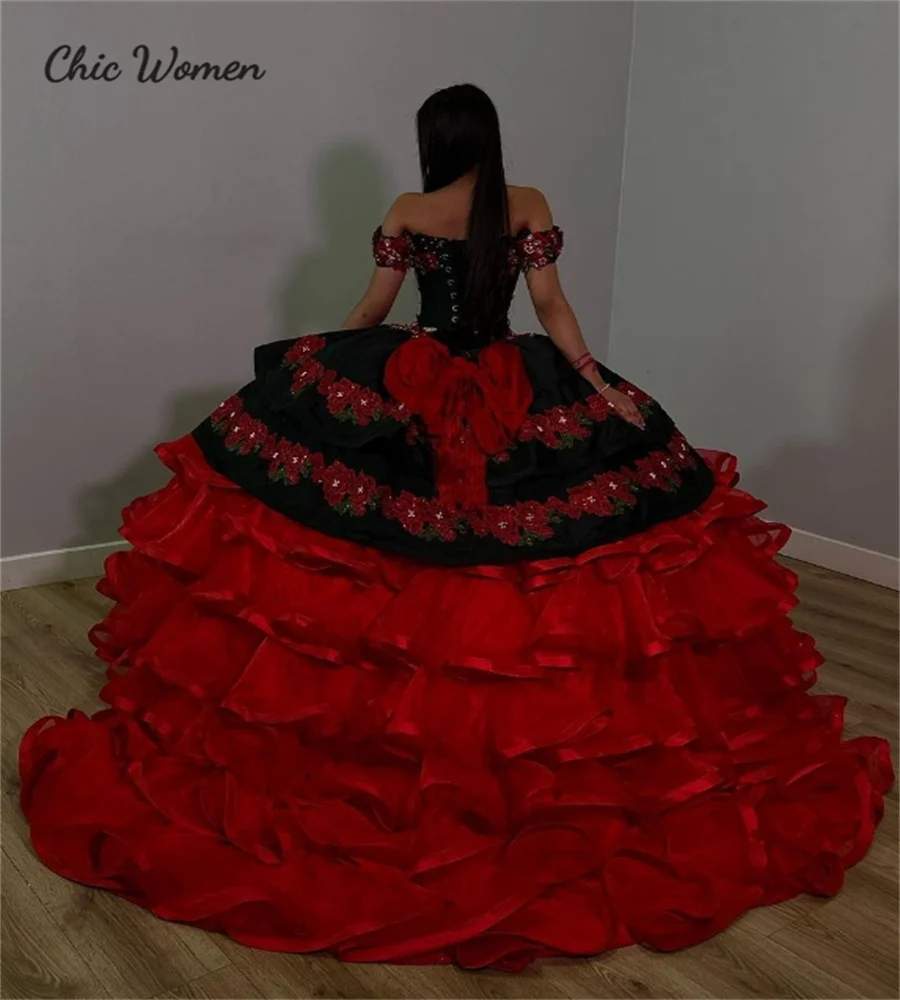 Vintage Mexican Charro Quinceanera Dresses Black And Red Organza Ruffles Flowers Beaded Puffy Vestidos De 15 Años Xv Customized