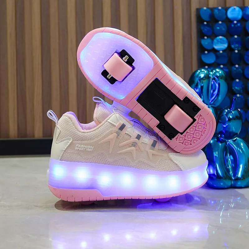 LED Student Flash Shoes Children Rechargeable Light Shoes Kids Roller Skates Boys and Girls Button Sneakers