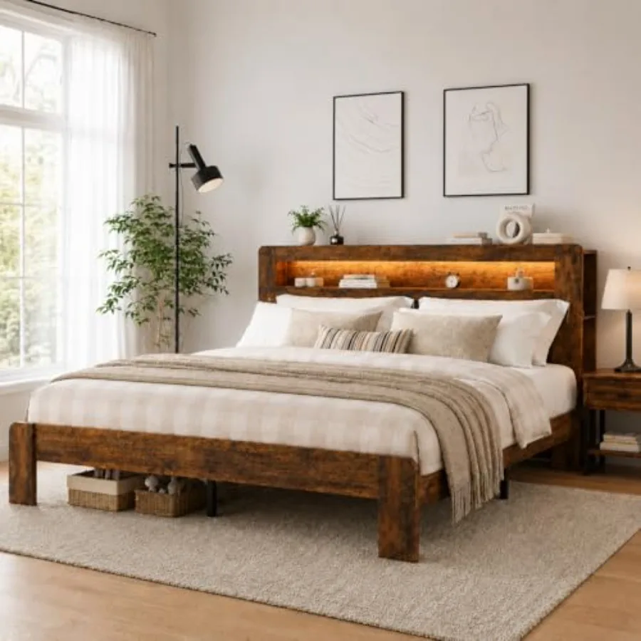 Wooden Bed Frame with Storage Headboard and Bookcase Shelf for Bedroom, Natural Wood Color, Space-Saving Design