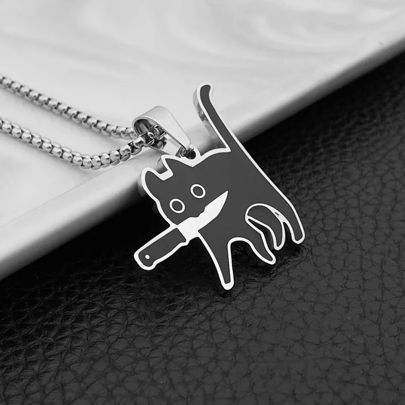 Hip Hop Fashion Knife Cat Necklace for Women Men Kpop Funny Black Cat Pendant Sweater Chain Jewelry 2025 New Party Gift