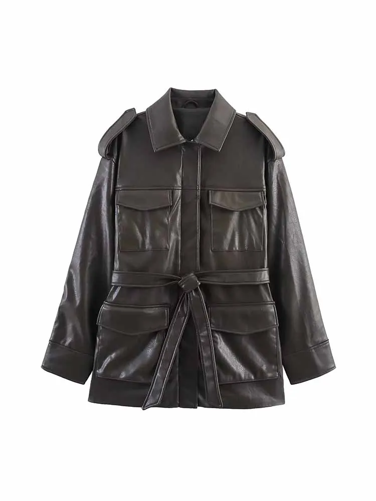 

European and American style autumn new fashion women's design sense versatile pocket decoration imitation leather jacket coat