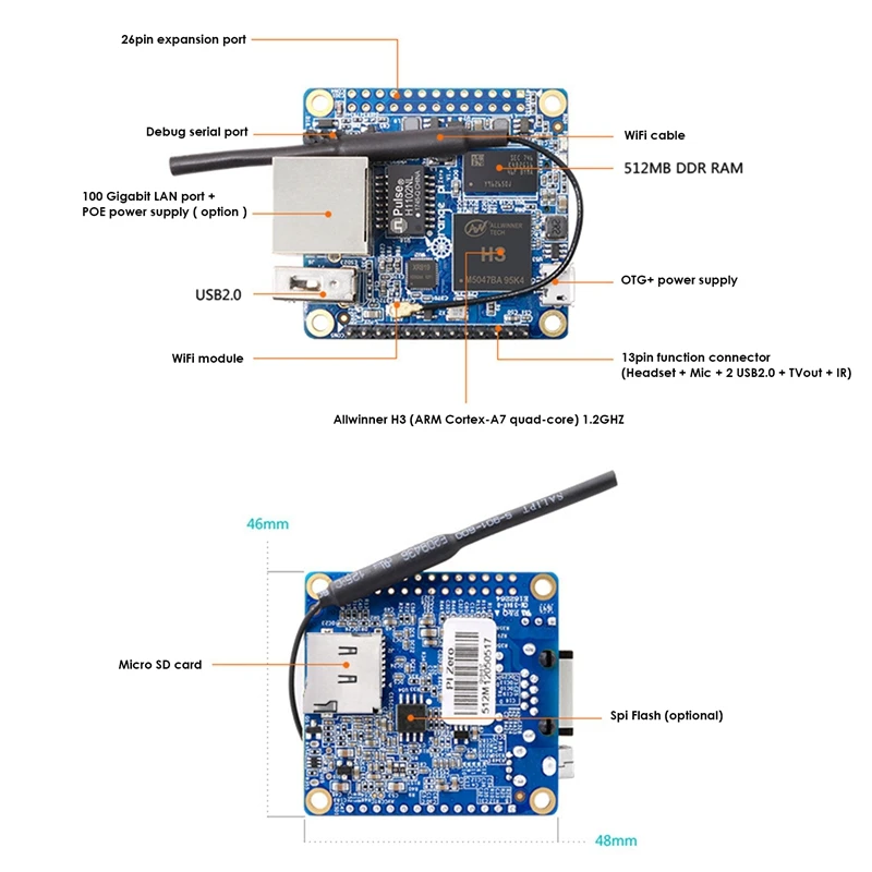 สําหรับ Orange Pi Zero 512MB Allwinner H3 ชิปบอร์ดพัฒนาไมโครคอมพิวเตอร์การเขียนโปรแกรมไมโครคอนโทรลเลอร์