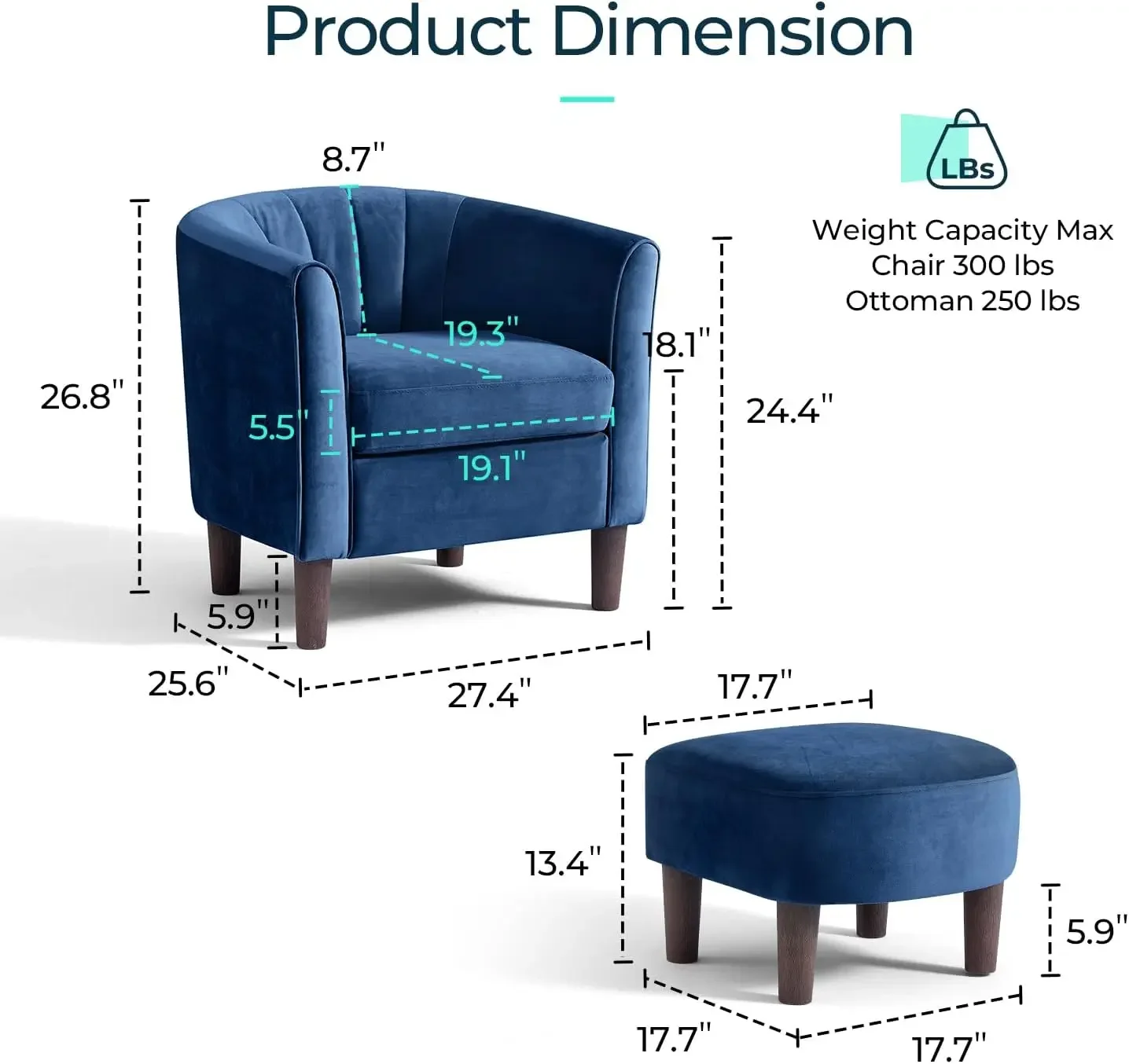 Velvet Accent Chair, Barrel Chair with Ottoman, Modern Comfy Reading Chair Armchair for Living Room Study Room Office, Blue