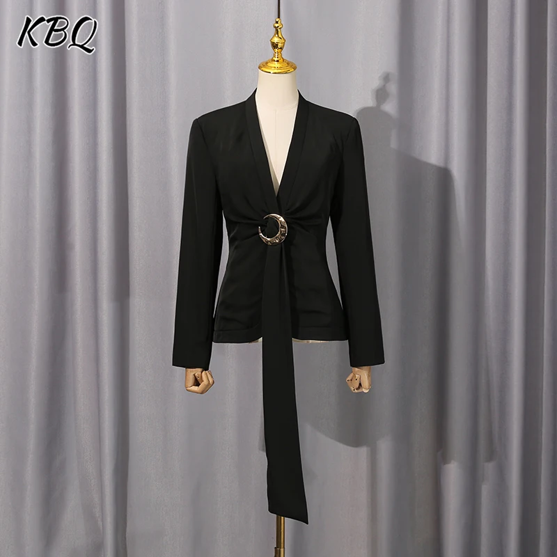 

KBQ Solid Slimming Spliced Button Tunic Jackets for Women V Neck Long Sleeve Sexy Minimalsit Jacket Female Autumn Fashion Style