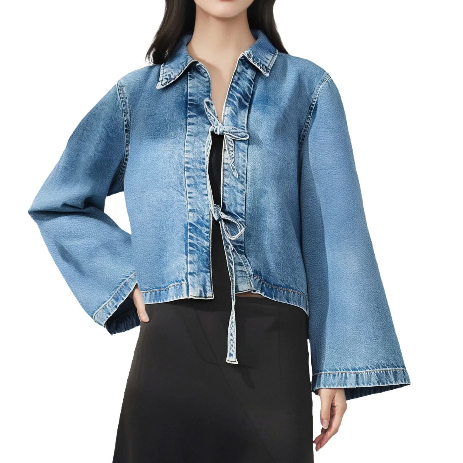 

Повседневная джинсовая куртка на шнуровке, женская модная однотонная куртка с лацканами и длинными рукавами, уличная простая дизайнерская уличная одежда, джинсовое пальто