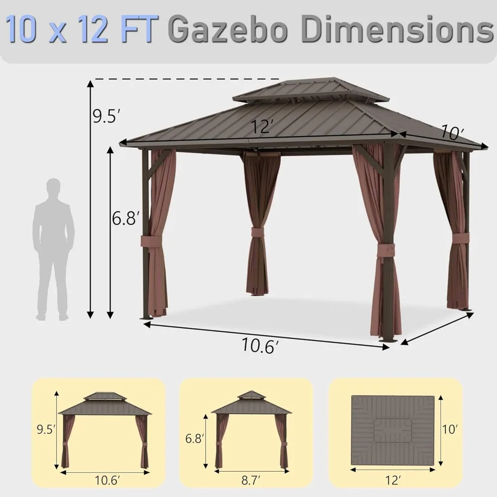 10x12 Hardtop Gazebo,Aluminum Frame Galvanized Steel Double Roof Pavilion with Netting and Shaded Curtains,Patio Metal Pergolas