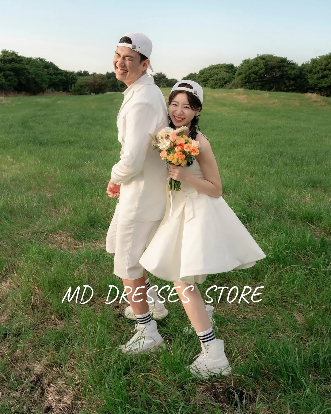 Md 2025 simlpe a linha branco vestidos de festa de casamento querida colarinho acima do joelho plissado coreia sessão de fotos vestidos de noiva personalizados