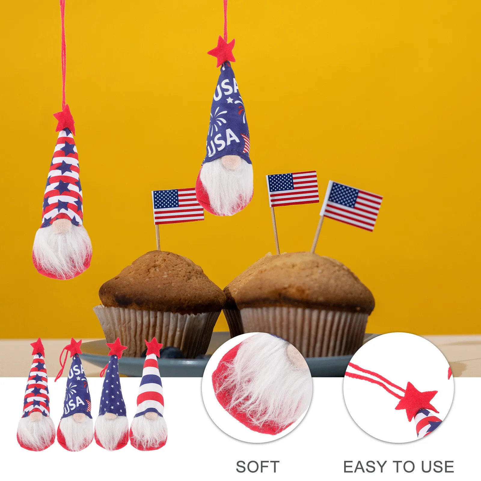 4pcs Mini Gnome Pendants, Patriotic Independence Day Hanging Decor for Tree, Home, Office, 4th of July