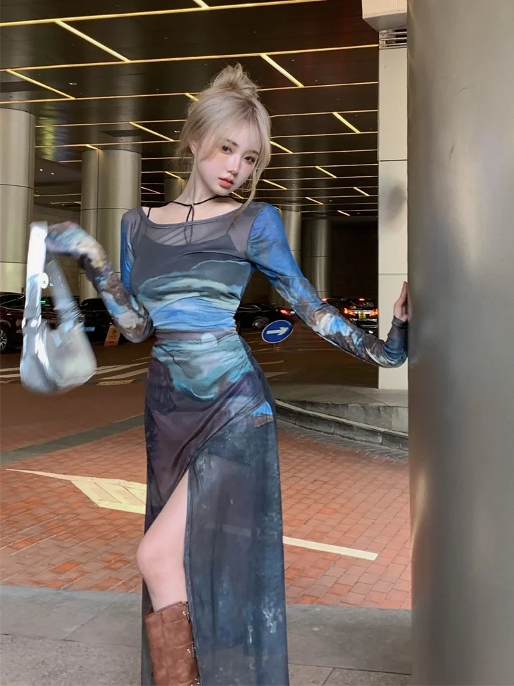 

Faionable Transparent Long Sve Dr Set Sexy adient Design Autumn New Arrival Women's Ensemble/Student o...