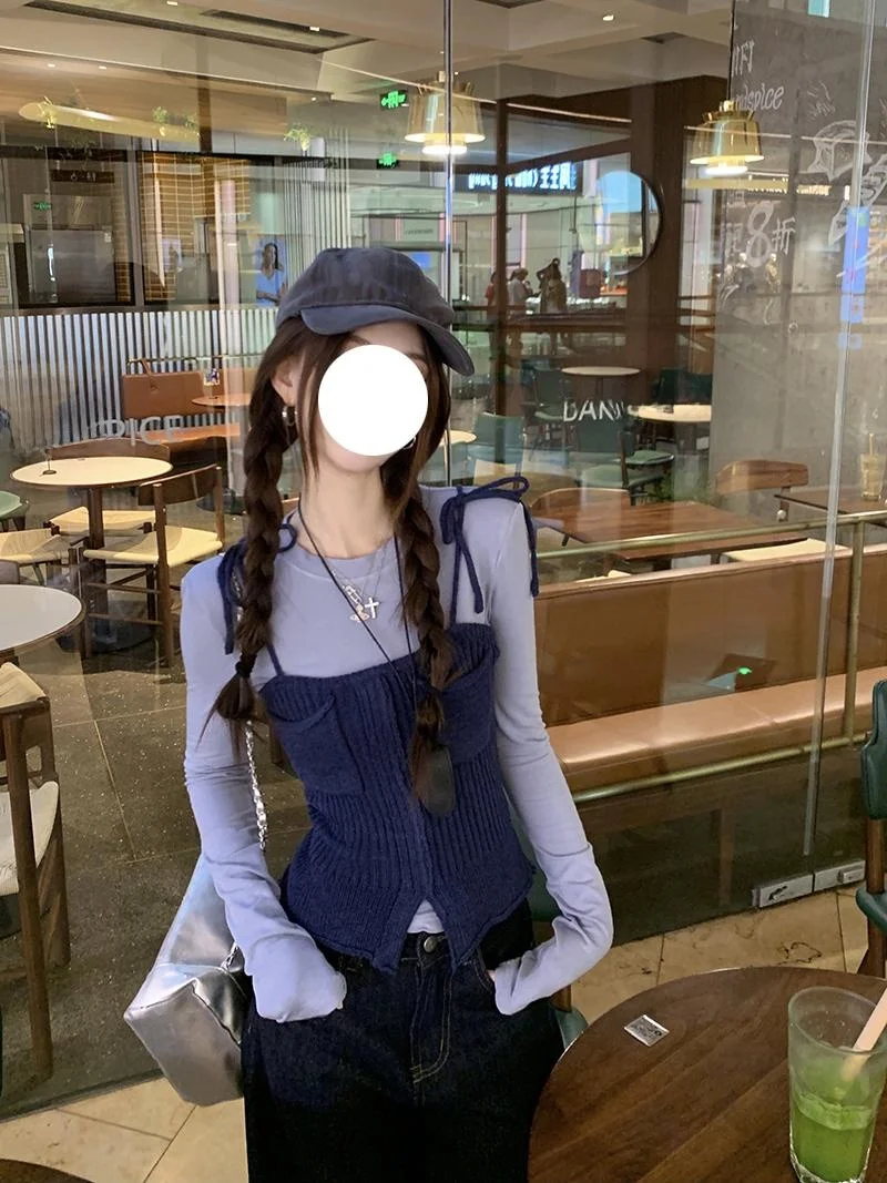 Korean Style Autumn Fashion Set Small Knitted Strap Vest Long Sleeve T-Shirt Women Base Shirt Two Piece Set Warmth Comfortable