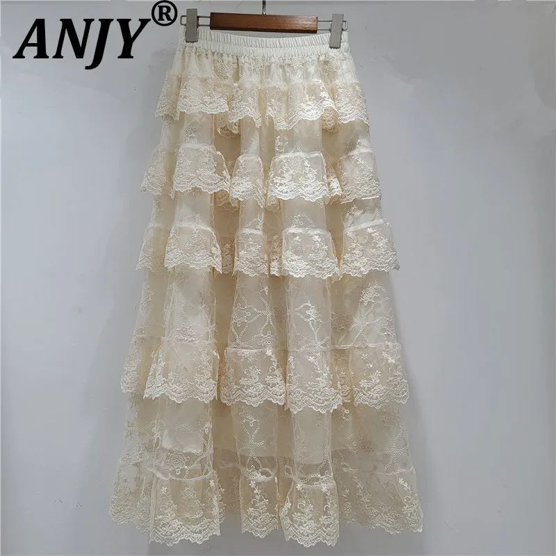 ANJY 2026 Spring Summer New Women French Sweet Layered Lace Embroidery Crochet Ball Gown Skirt Fashion Slimming Mesh Chic A19117
