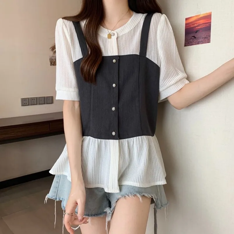 2024 Summer New Blouses Women\'s Patchwork Contrast Color Button Cardigan Simplicity Commute Loose Round Neck Short Sleeve Shirts