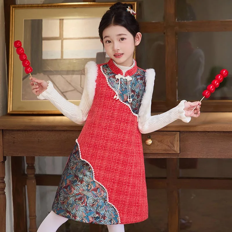 

Платье Cheongsam для девочек, детский китайский жилет в стиле Тан, жилет Qipao без рукавов, восточный новогодний фестиваль, винтажный ханьфу