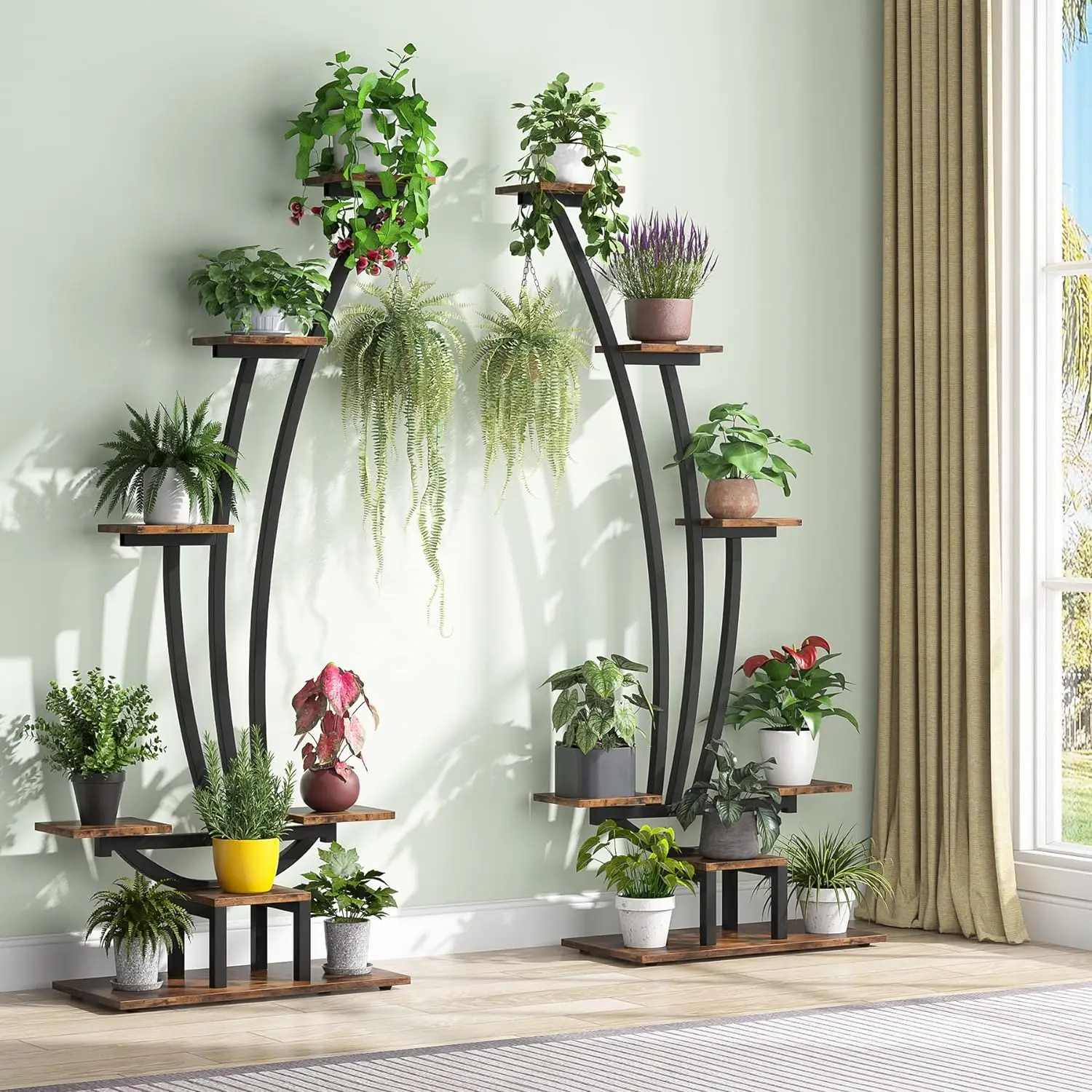 6-Tier Indoor Plant Stand Pack of 2, Metal Curved Display Shelf w/ 2 Hanging Hooks, Multi-Purpose Bonsai Flower Pots Plant Rack