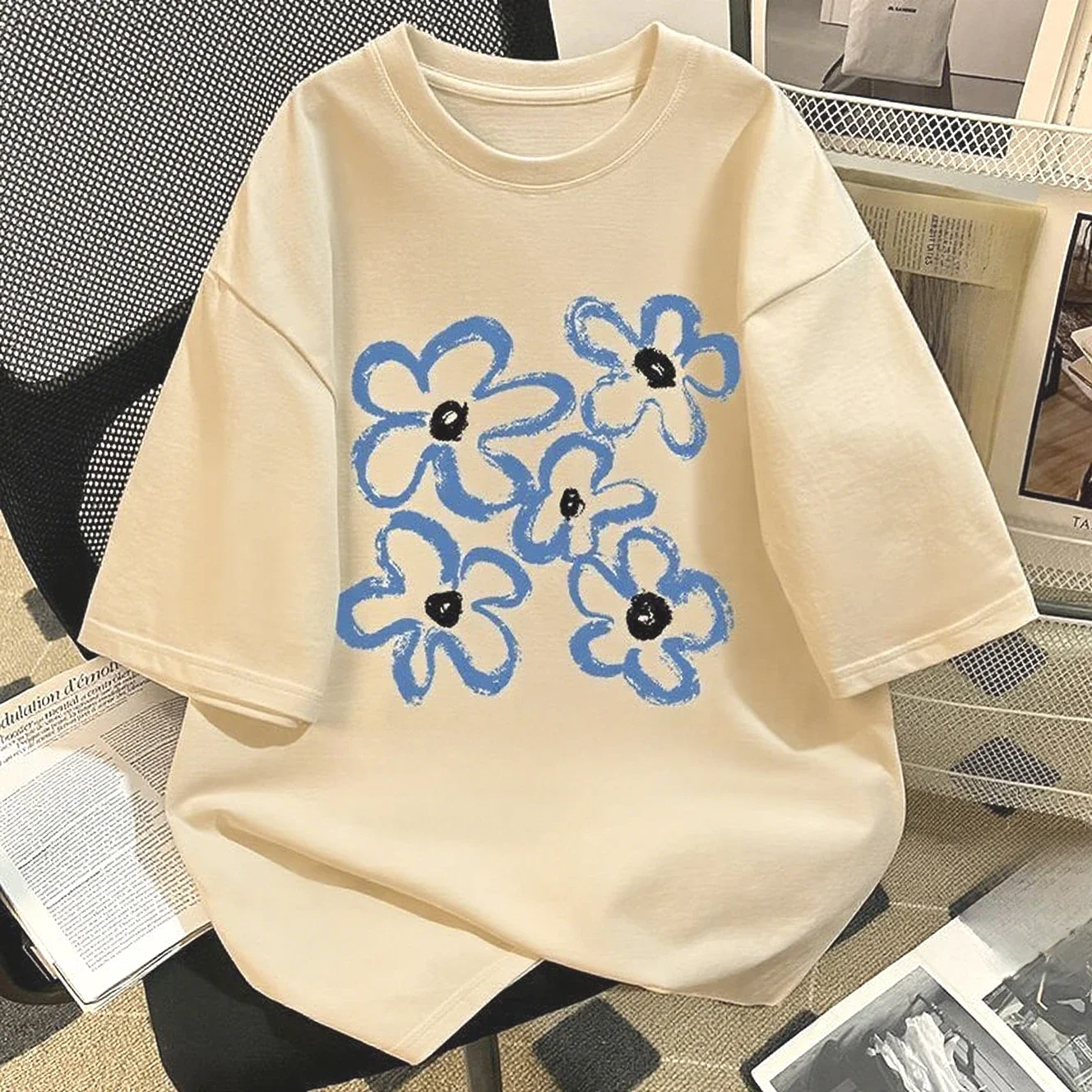 

2025 Autumn and Winter American Heavy Cotton Flower Printing T-shirt for Men and Women Couple Casual Fashion Versatile T-shirt