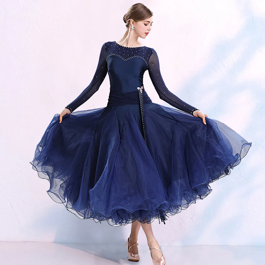 Women Navy Blue Ballroom Standard Dance Dress Tango Dress Vintage Tango Dress Viennese Waltz Costume